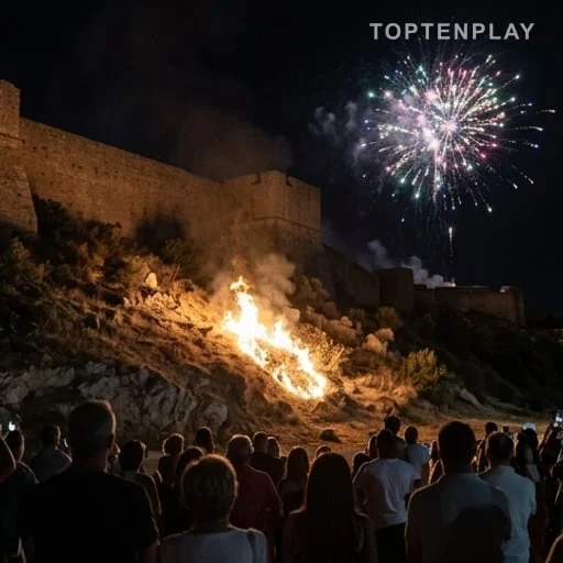 Flammes sous une forteresse pendant un spectacle pyrotechnique