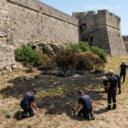 Végétation brûlée au pied des remparts après l’incendie