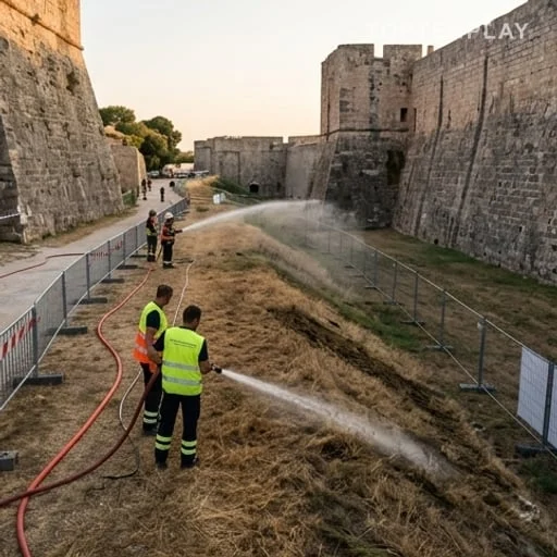 Arrosage préventif des herbes sèches avant le spectacle