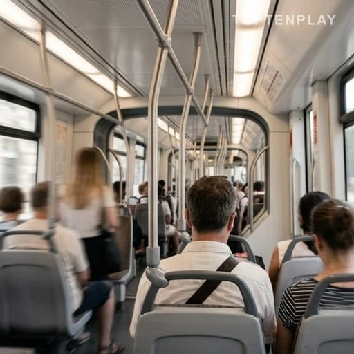 Intérieur de tramway avec passagers anonymes en chaleur