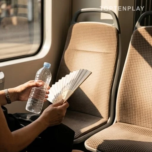Bouteille d’eau et éventail dans un tram chaud