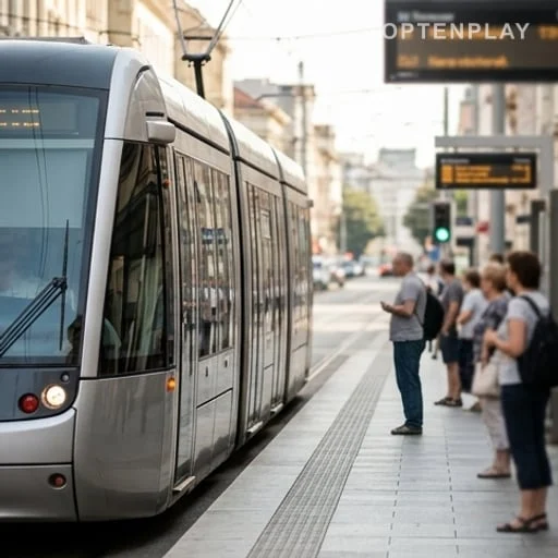 Tram arrêté et voyageurs attendant sur un quai