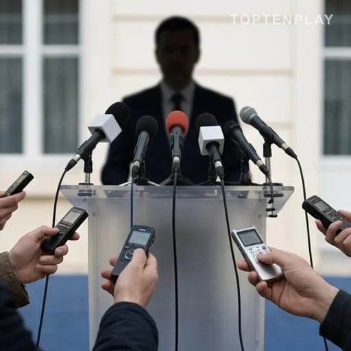 Pupitre officiel et micros face aux journalistes