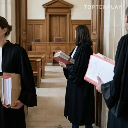 Dossiers de justice devant une salle d’audience