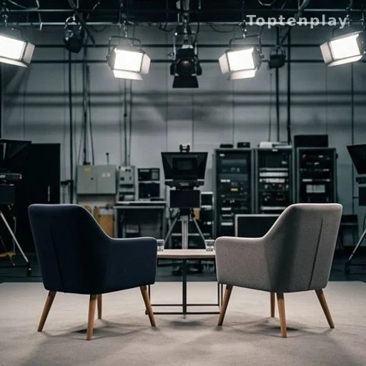 Plateau de télévision avec deux fauteuils face à face sous les projecteurs