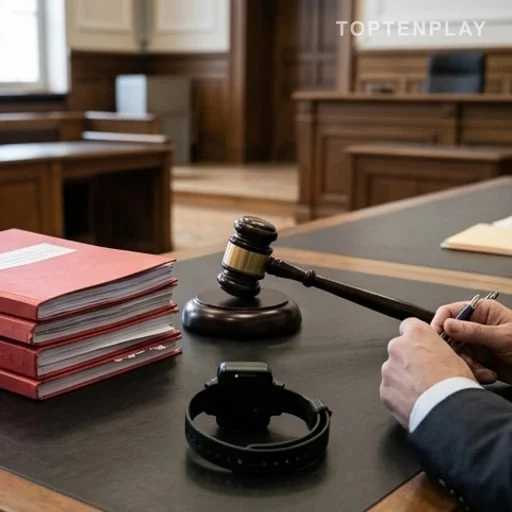 Dossier de justice et bracelet électronique sur table