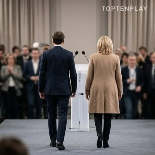 Deux silhouettes politiques devant une salle de meeting