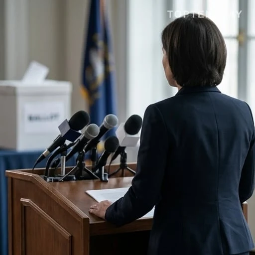 Candidate politique de dos devant un pupitre officiel