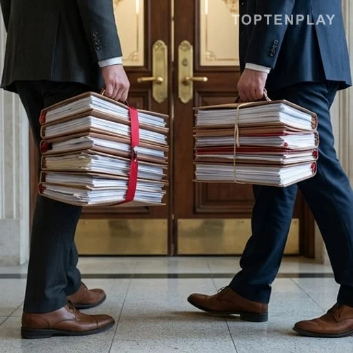 Greffier transportant un dossier vers une chambre judiciaire