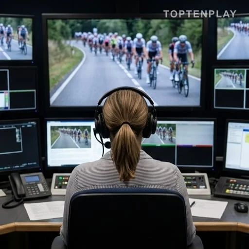 Consultante cycliste de dos devant des écrans de télévision