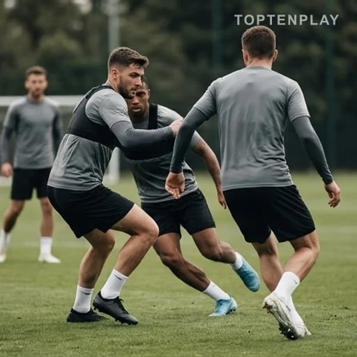 Joueurs anonymes travaillant le repli défensif à l’entraînement