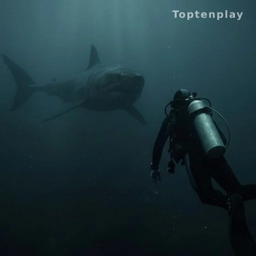 Plongeur face à une silhouette de requin géant dans les profondeurs sous-marines