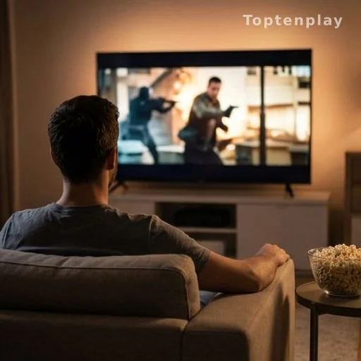 Spectateur regardant un film d'action sur grand écran depuis son canapé