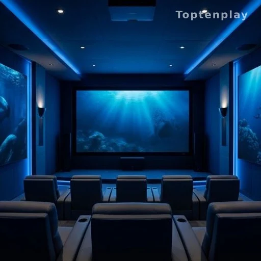 Salle de cinéma privée avec écran affichant des visuels sous-marins en lumière bleue