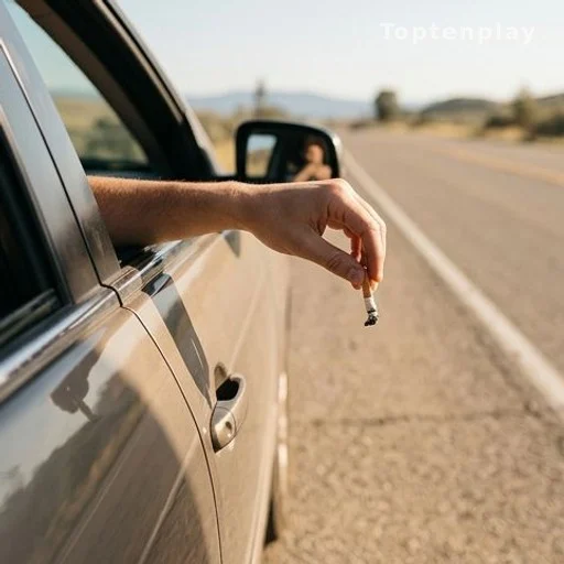 Fenêtre de voiture entrouverte sur route espagnole en été, mégot