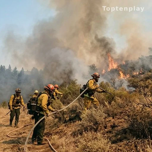 Pompiers luttant contre un incendie de forêt en terrain sec et aride