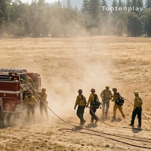 Équipe de pompiers intervenant rapidement sur un départ de feu en terrain sec