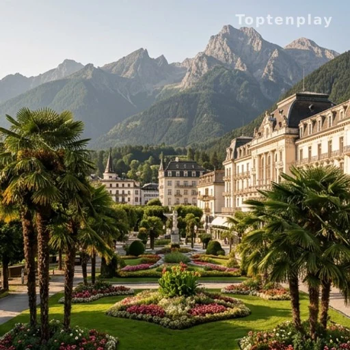 Station thermale alpine avec jardins méditerranéens et sommets enneigés en arrière-plan