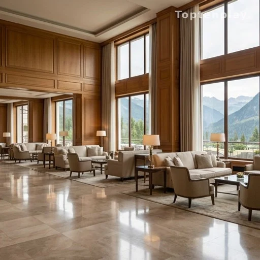 Intérieur d'un hôtel cinq étoiles thermal avec décoration raffinée et vue sur la montagne
