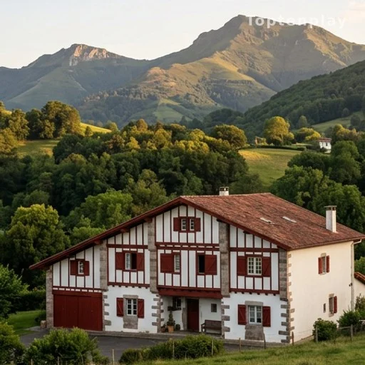 Maison basque traditionnelle entourée de collines vertes au Pays basque