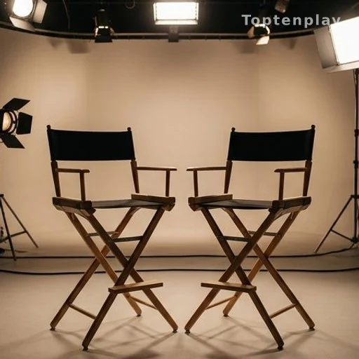 Deux fauteuils de réalisateur vides sur un plateau de télévision, lumière chaude
