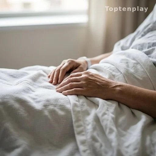 Mains d'une personne âgée posées sur un drap blanc, lumière douce