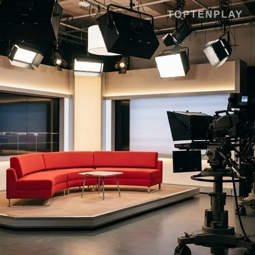 Canapé rouge sur un plateau de télévision