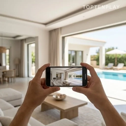Téléphone filmant la visite d’une villa avec piscine