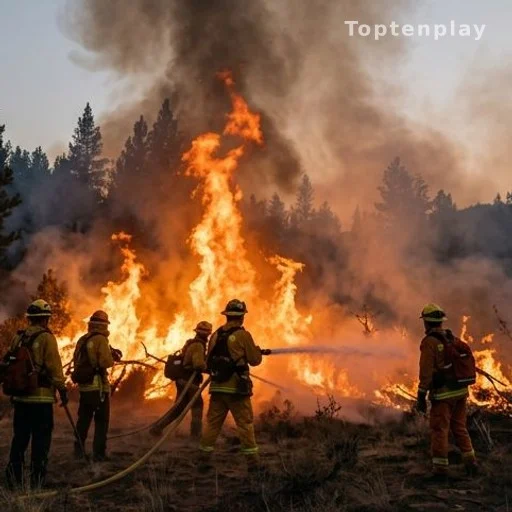 Pompiers en tenue luttant contre un incendie de forêt au crépuscule