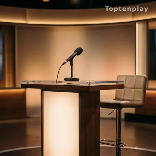 Plateau de télévision avec micro et pupitre éclairés, studio vide