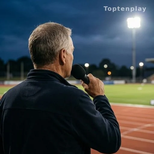 Journaliste sportif de dos avec micro au bord d'une piste d'athlétisme