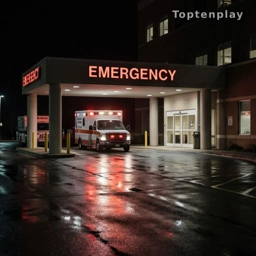 Entrée des urgences d'un hôpital la nuit, lumières d'ambulance