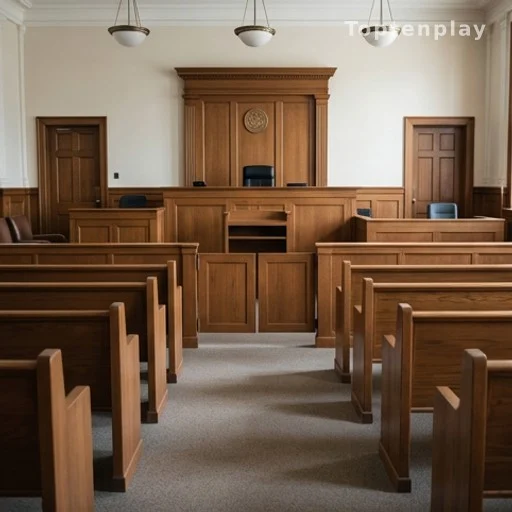 Salle d'audience vide avec bancs en bois et estrade du juge