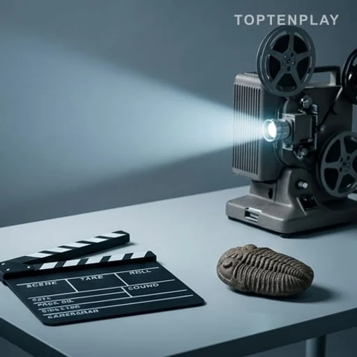 Projecteur, clap de cinéma et réplique de fossile