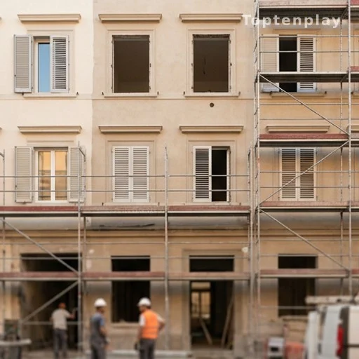 Façade d'immeuble HLM en travaux de rénovation énergétique sans volets aux fenêtres