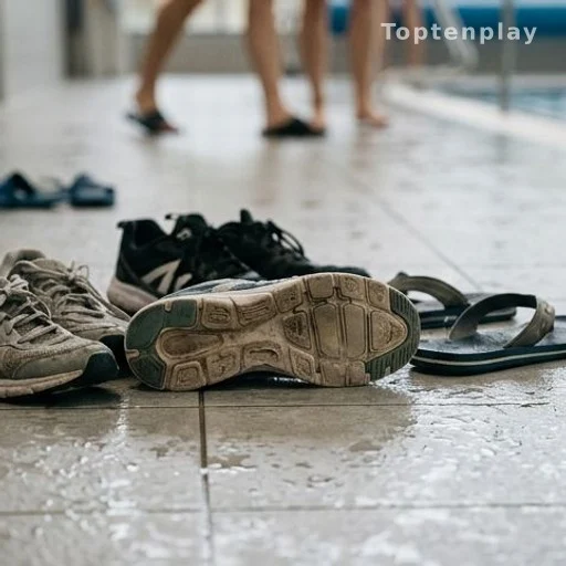 Chaussures fermées sur carrelage humide, environnement propice aux infections fongiques