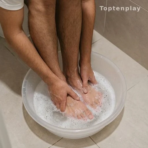 Lavage soigneux des pieds avant application d'un traitement naturel contre la mycose