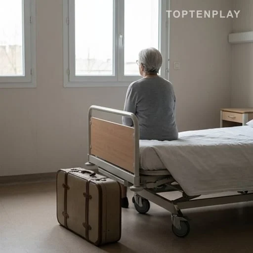 Patiente âgée vue de dos dans une chambre de clinique