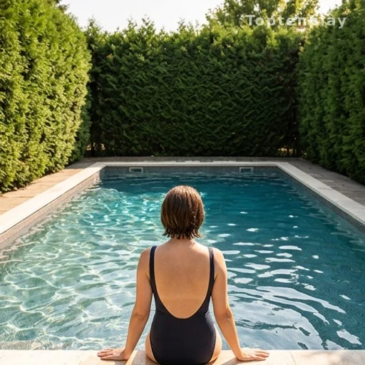 Personne de dos au bord d'une piscine privée entourée de haies