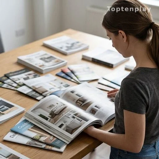 Catalogues publicitaires sur une table, évoquant la carrière de mannequin catalogue