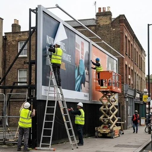 Panneau d'affichage publicitaire en cours d'installation en ville
