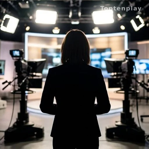 Silhouette d'une journaliste de dos face aux caméras d'un plateau de télévision