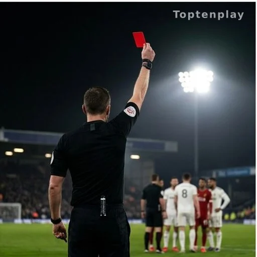 Arbitre brandissant un carton rouge sur un terrain de football en soirée