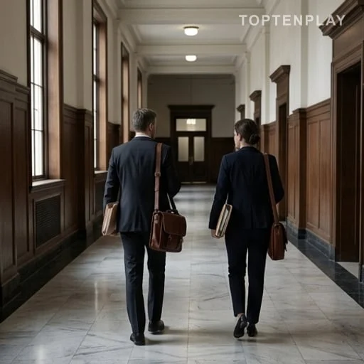 Couloir judiciaire avec dossiers et personnel de dos