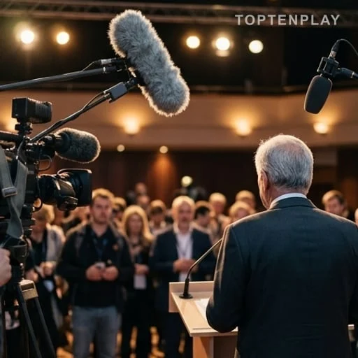 Micros de presse devant un plateau de télévision