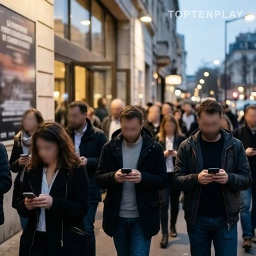 Public anonyme consultant son téléphone devant une salle