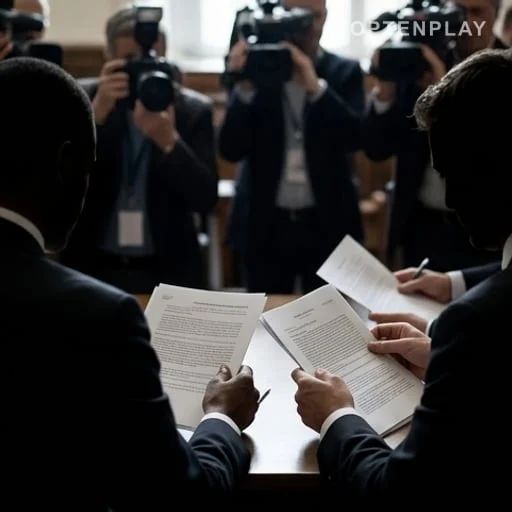 Avocats examinant un dossier devant des caméras de presse
