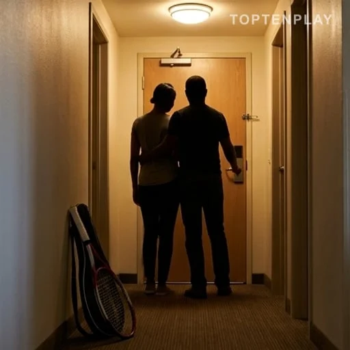 Porte d’hôtel et silhouettes sans visage dans un couloir