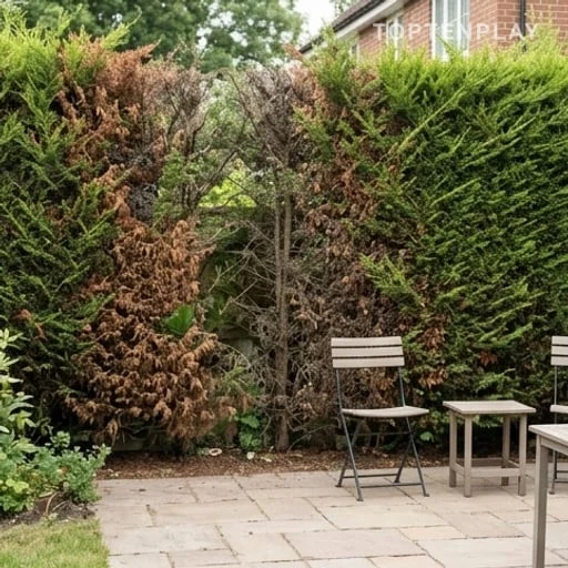 Haie de thuyas brunie devant une terrasse exposée