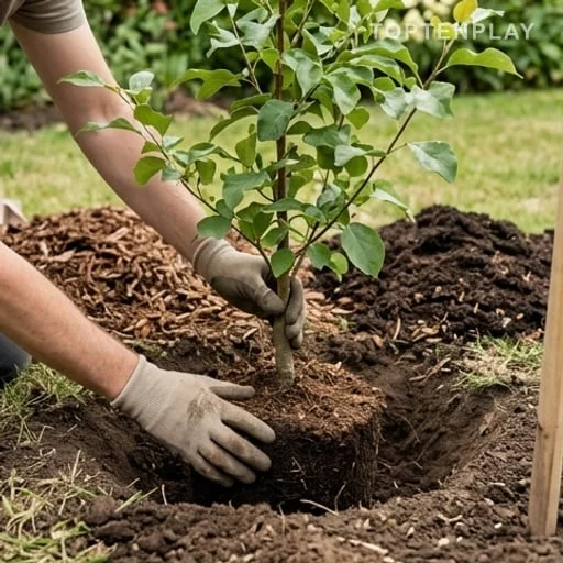 Plantation d’un jeune Paulownia avec tuteur et paillage